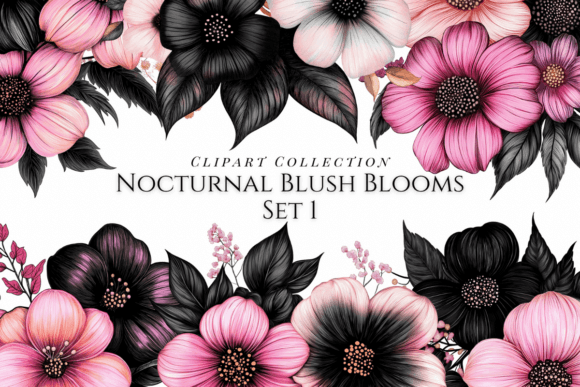 Nocturnal Blush Blooms Clipart Set 1: Elevating Design with Moody Florals