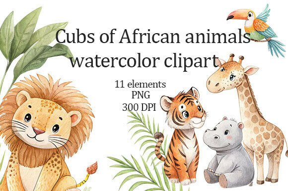 Watercolor Clipart Cubs of Africa