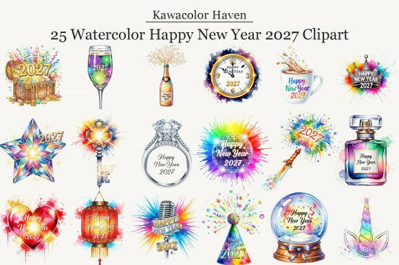 Watercolor Happy New Year 2027 Clipart